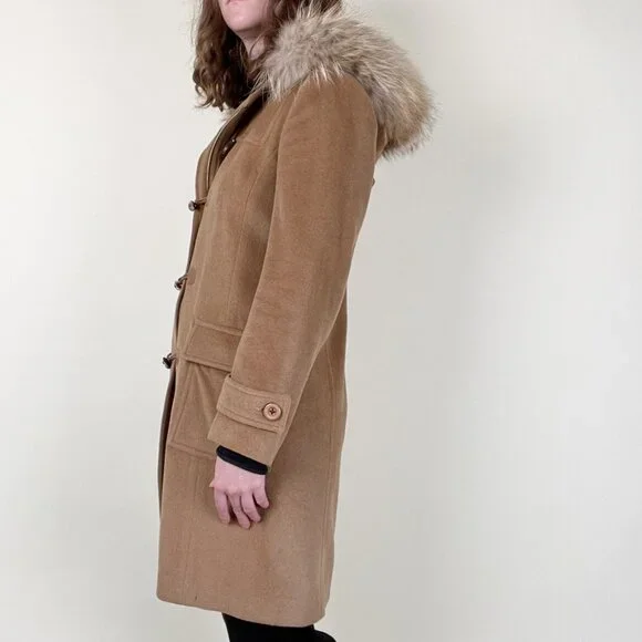 Vintage 100% Cashmere Fur Hood Duffle Jacket Peacoat Toggle Long Winter Pea Coat - Picture 3 of 11